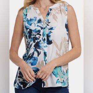 NYDJ Blue Floral Split V-Neck Sleeveless Camisole